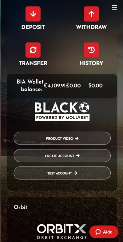 Vista dell'app dove si può vedere l'accesso a BLACK e OrbitX