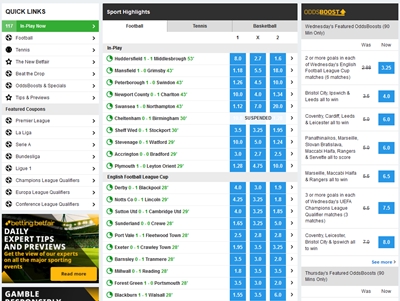 Interfaccia del sito scommesse classico di Betfair