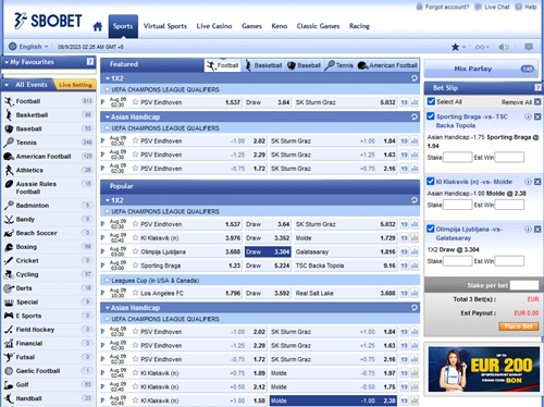 Interfaccia di scommesse di SBObet su computer