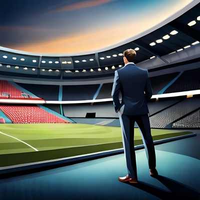 Un uomo in abito davanti a uno stadio che cerca di riconoscere un sito scommesse affidabile