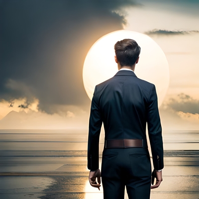 Una persona di spalle al sole che valuta i rischi