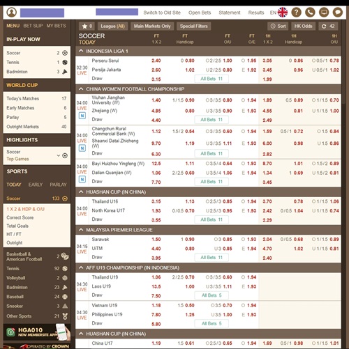Interfaccia di scommesse sportive di Singbet